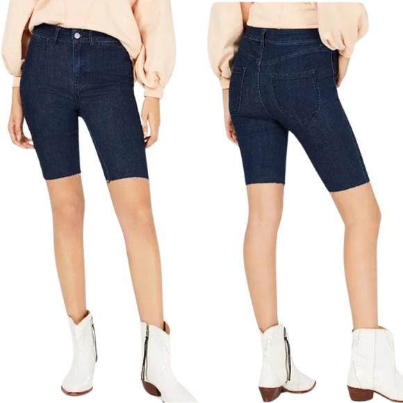 FREE PEOPLE “So Chic” High Rise Denim Biker Shorts Raw Hem Stretch - Picture 1 of 11